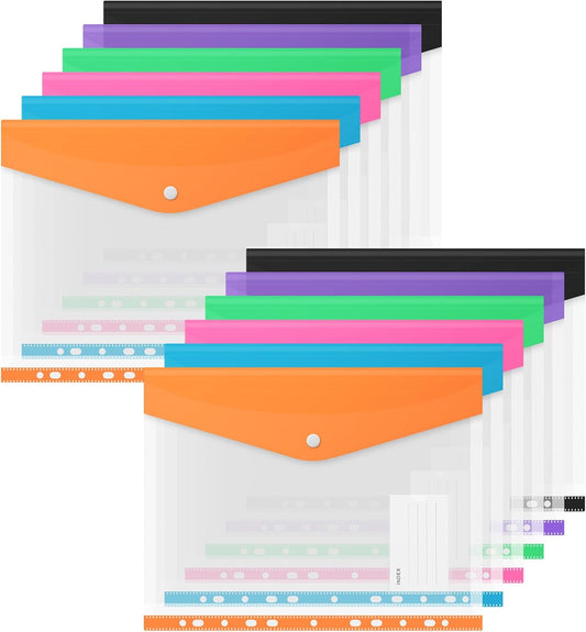 Binder Pocket Organizer Folders, 12 Pack Expandable Files Bag Plastic Envelopes Binder Folders with 11 Holes for 2/3/4 Ring Binder, Document Pouch with Snap Button and Label for School Office Home