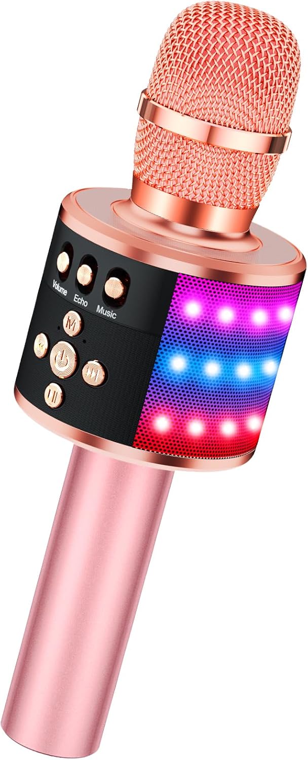 BONAOK Karaoke Microphone for Kids & Adults - Bluetooth Microphones Singing Mic with Disco Lights, Echo Effect, Built-in Speaker Portable Karaoke Player for Party Travel Gifts Q78(Rose Gold)