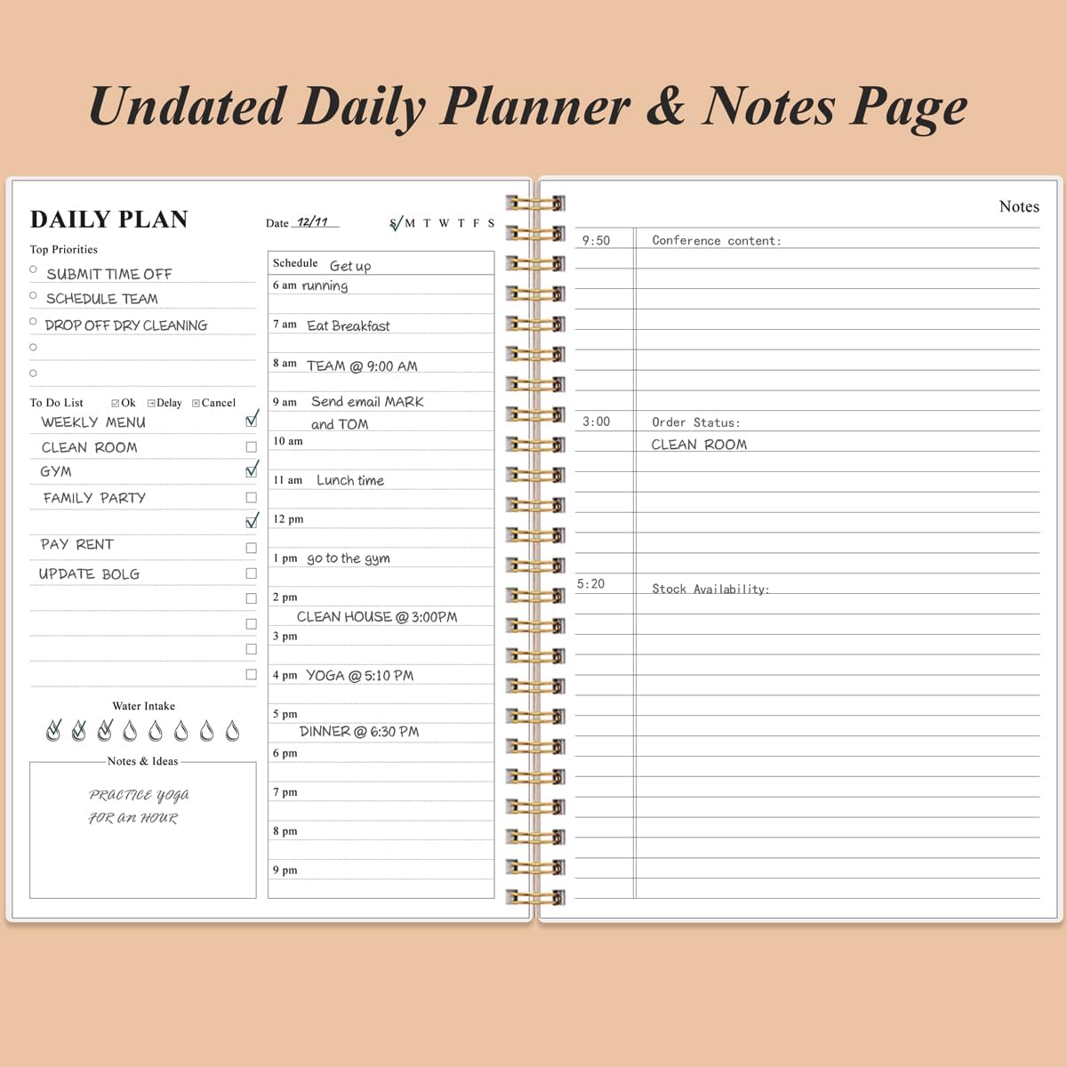 Daily Planner Undated - B5 To Do List Notebook Hourly Schedules, Spiral Appointment Planner for Women and Men, PVC Hardcover, Inner Pocket, Elastic Closure, 7" x 10", Rose Leaf