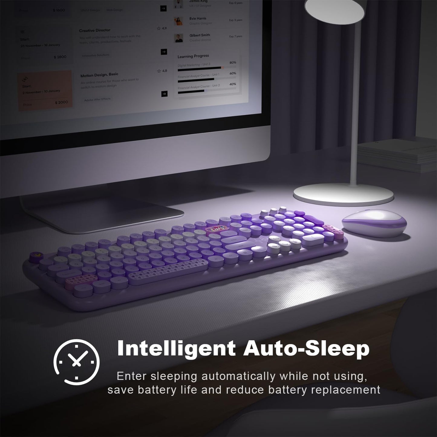 Wireless Keyboard and Mouse Combo, Full Size Retro Keyboard with Number Pad and 2 in 1 USB Connected Mouse for Windows 7/8/10, Laptop, Desktop, PC, Computer (Purple Colorful)