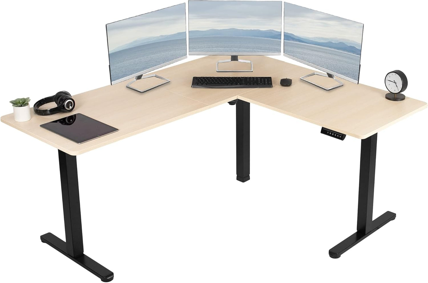 VIVO Electric Corner L-Shaped 63 x 55 in Standing Desk, Memory Height Adjustment, Light Wood Top Black Frame, DESK-E3CTBC