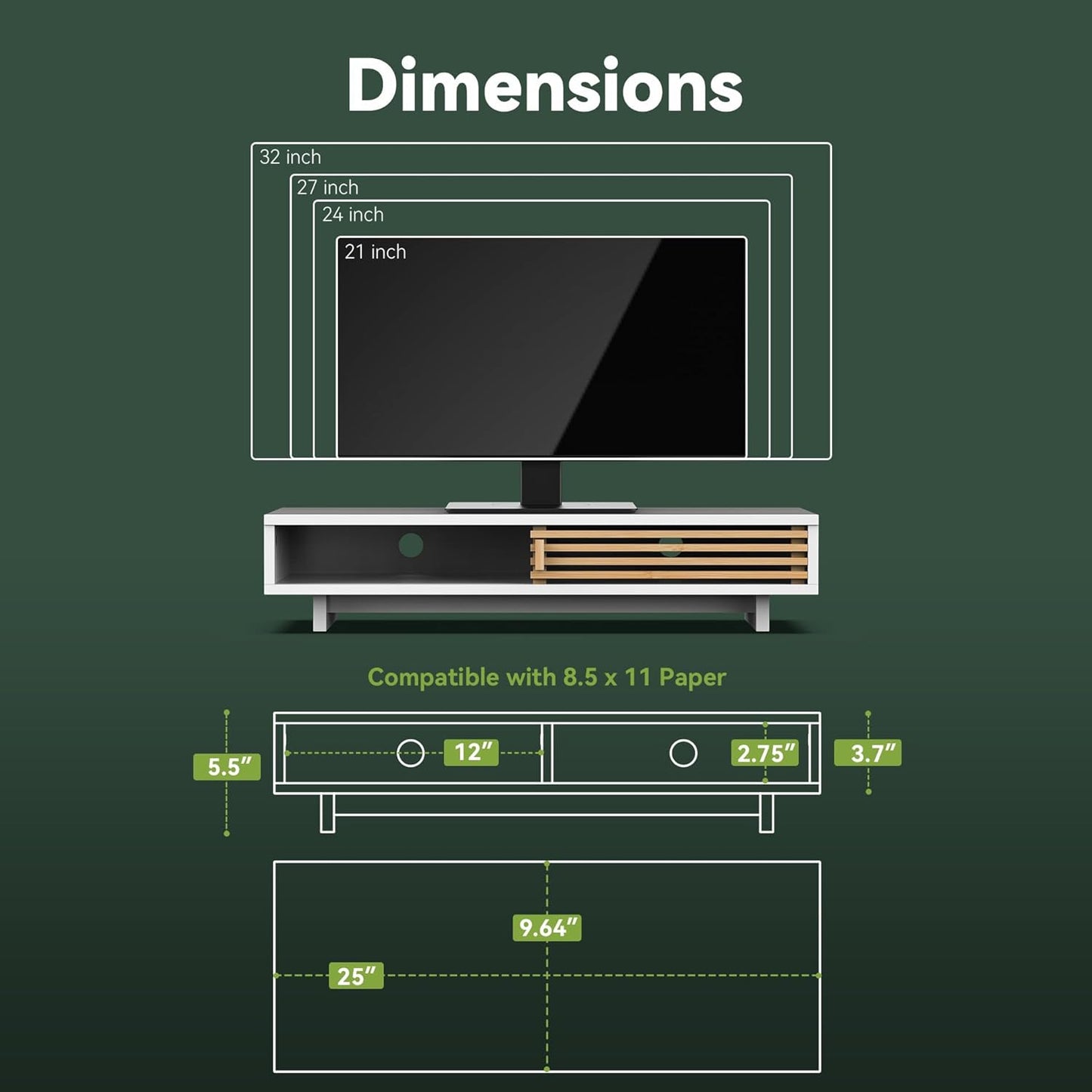 Monitor Stand Riser with Sliding Door, Computer Laptop Stand Desk Shelf Organizer with Storage (White + Natural Bamboo, 25 Inch)