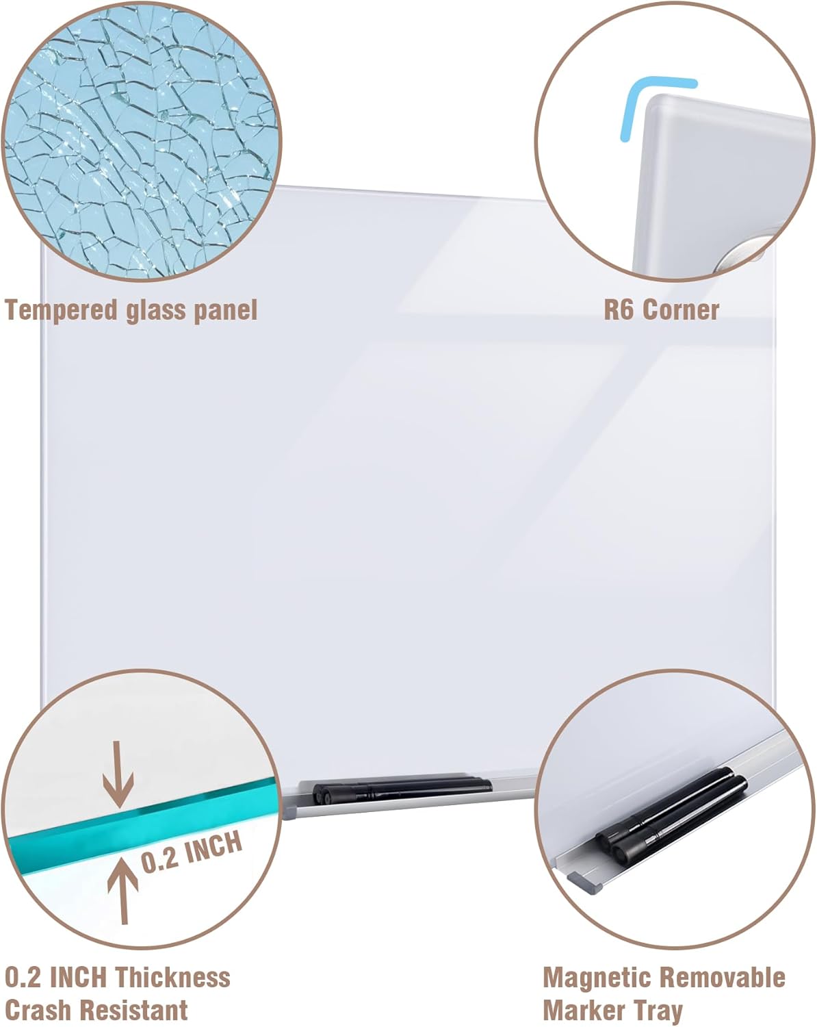 Magnetic Glass Whiteboard，60"x48" Wall Mounted Frameless Dry Erase Board for Office, Home & School Ultra White
