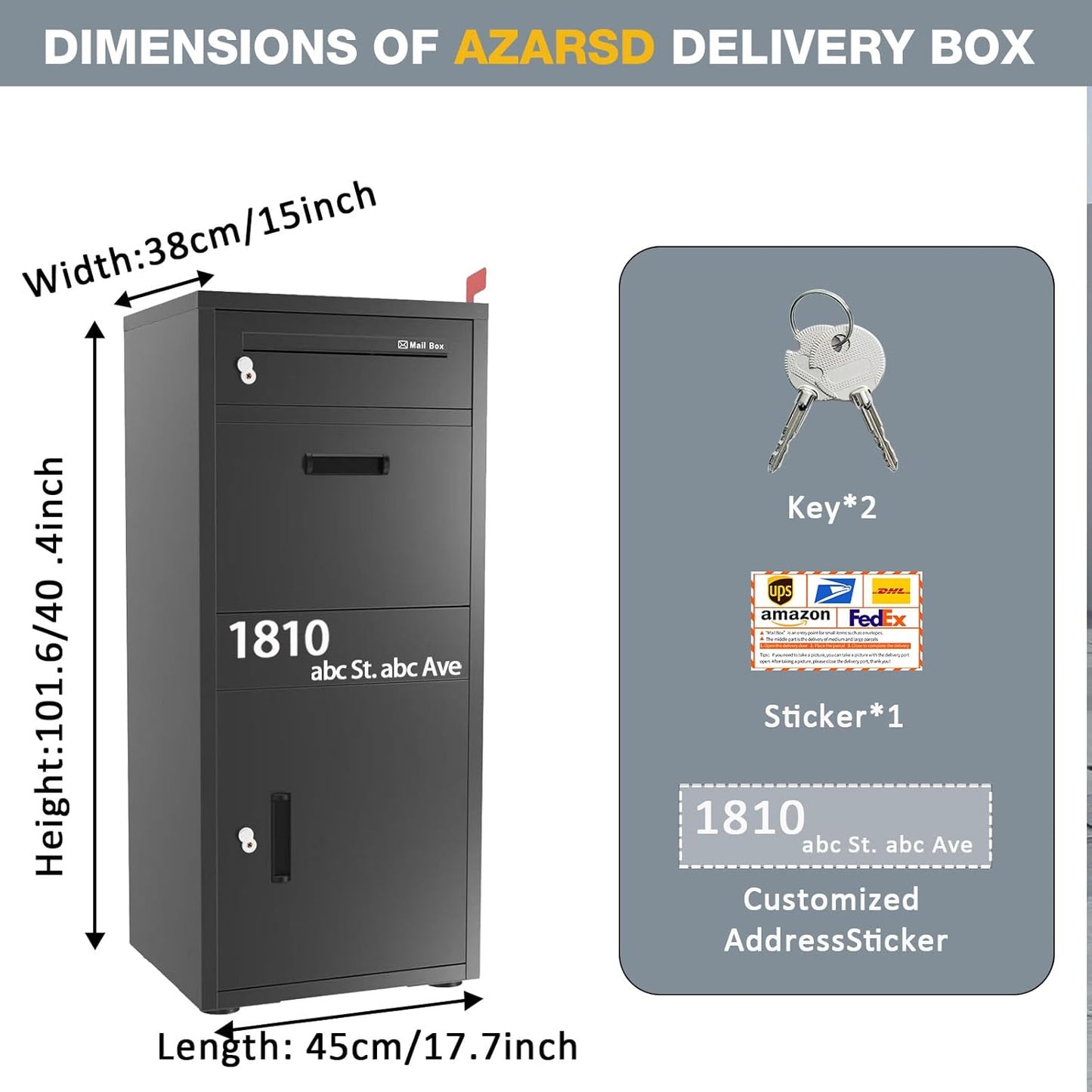Package Delivery Boxes for Outside, Large Parcel Drop Boxes with Lock, Customize Address Stickers Package Drop Boxes for Outside is Waterproof,Package Delivery Box for Porch (Black，40"*17.7"*15 in)