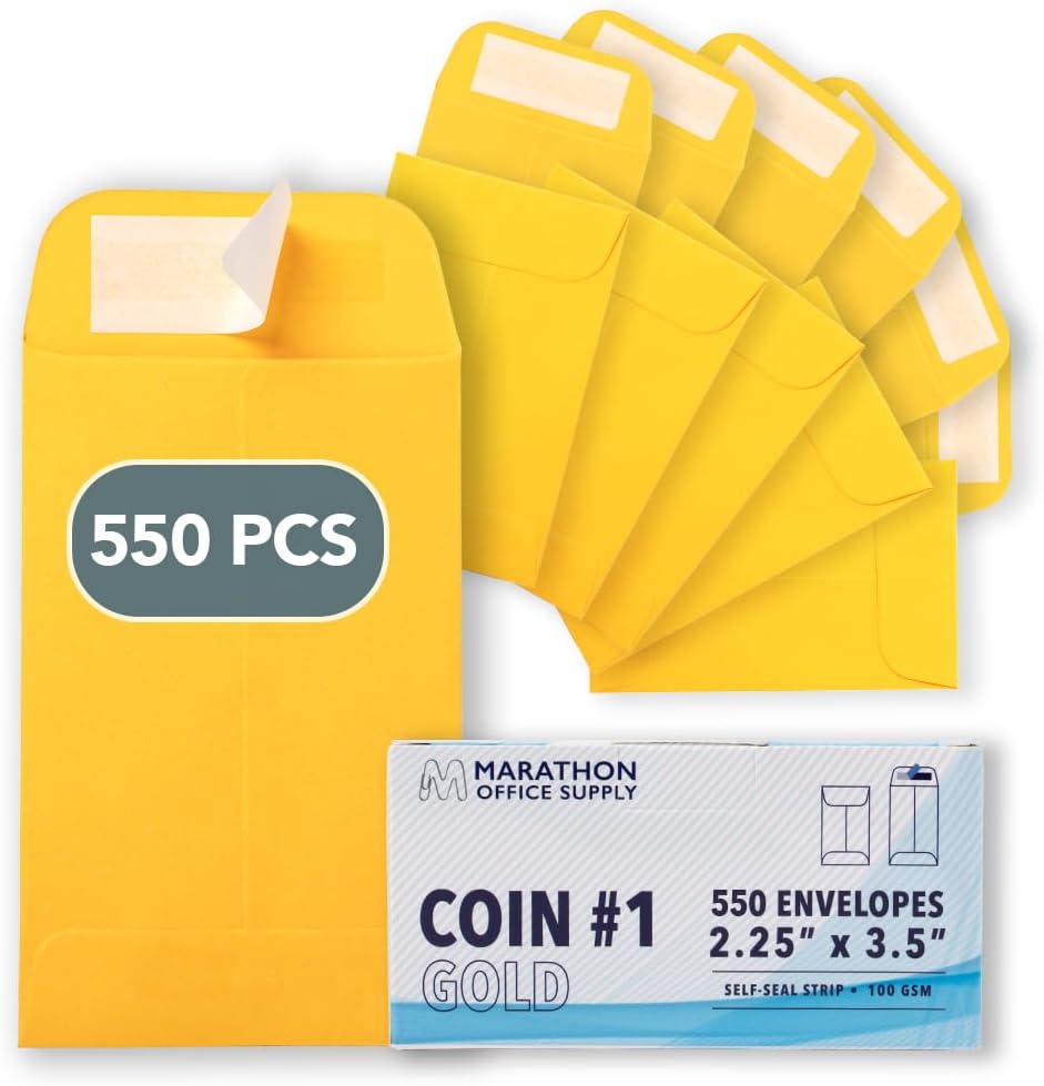 MOS #1 Gold Coin Envelopes 2.25 x 3.5 Inch 550 Pack — Self-Seal Yellow Small Envelopes for Coins, Seeds, Small Parts, Collectibles, Jewelry, Craft Storage