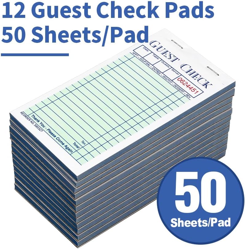 Guest Checks Server Note Pads 600 Sheets With Carbonless 600 Copy Sheets for Restaurants (12 Books) 3.5" x 6.75" Per Ticket Books