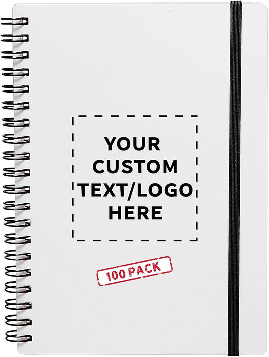100 White Spiral Notebooks with Elastic Band Pack - Customizable Text, Logo - 80 lined pages, Recycled - Black