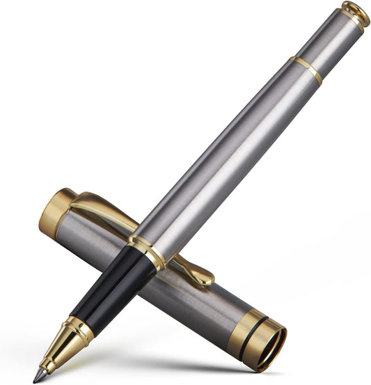 BEILUNER Ballpoint Pens, Stunning Silver Chrome Metal Pen with Golden Trim, Best Ball Pen Gift Set for Men & Women, Professional, Executive, Office, Nice Pens-Gift Box with 0.5mm Extra Black Refill