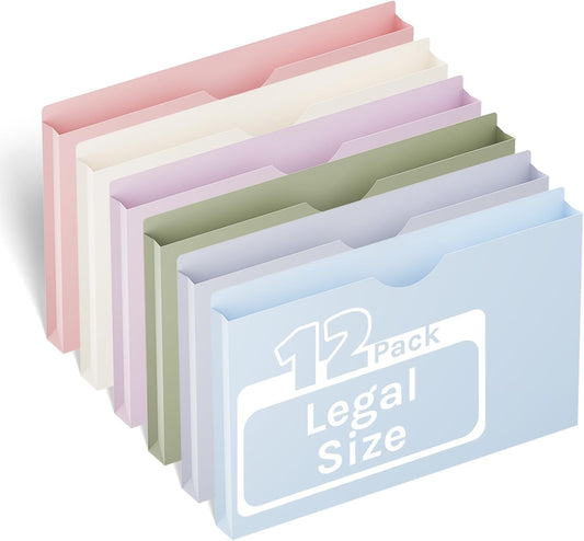 ANSOOK Plastic File Jackets,1" Legal Size Manilla Folders,12 Pack Expanding File Folder,Expansion Pocket,File Cabinet Folders,Reinforced Straight Cut Tab,Morandi Color Manila Folder for Office Home