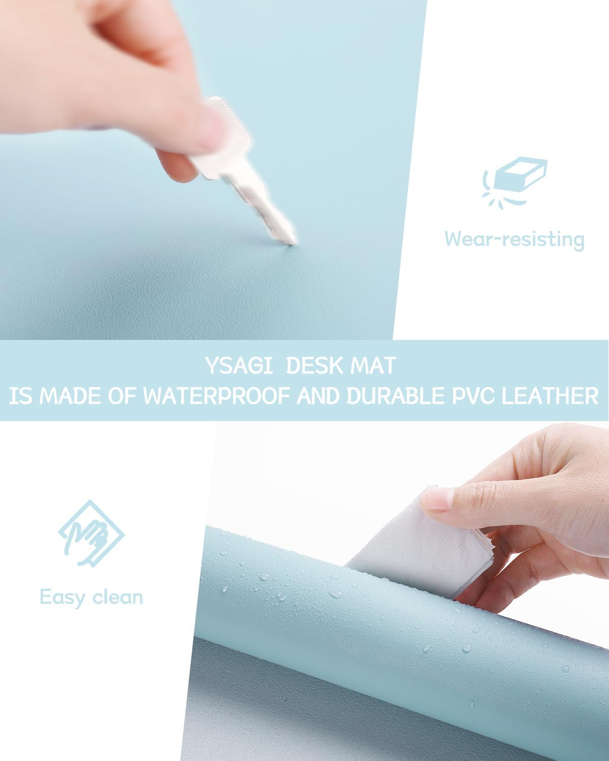 YSAGi Non-Slip Leather Desk Pad, Waterproof Laptop Computer Desk Keyboard Mat, Table Protector Blotter Mat, Large Mouse Pad for Office/Work/Home/Decor(Sky Blue, 23.6" x 13.7")