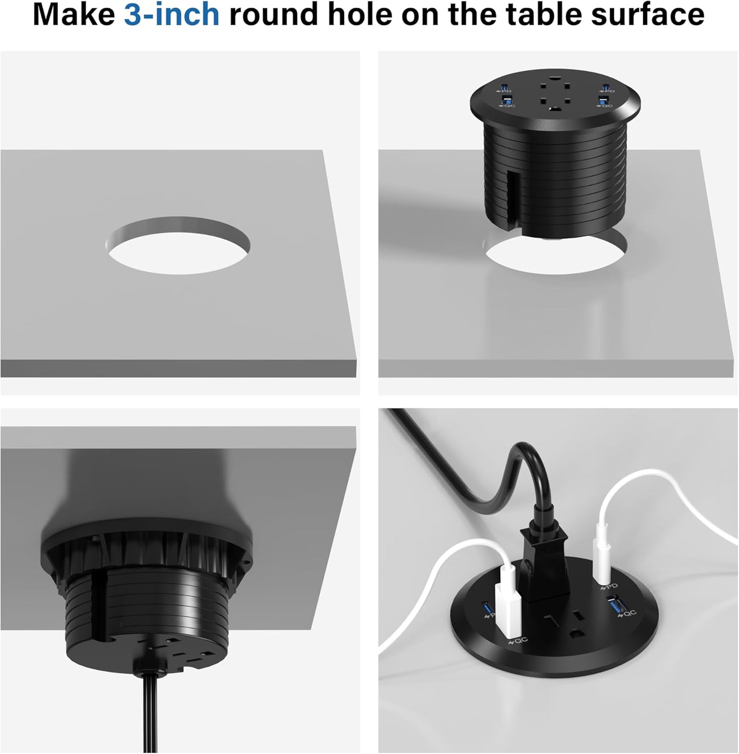 Jgstkcity Power Strip,Flush Mount Recessed Power Grommet,65W USB C Fast Charging,3-Inch Hole, 4 Outlets & 4 Ports, Ideal for Desktop & Countertop Outlet,Dual-Sided (Black, 6FT)