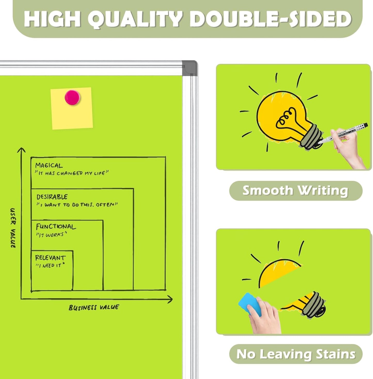 WALGLASS Magnetic Whiteboard 36"x24" Dry Erase White Board for Walls with Pen Tray, Aluminium Frame and Dry-Wipe Writing Surface for Kids' Drawing, Home, and Office (Green)