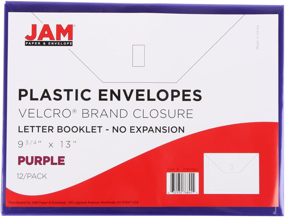 JAM PAPER Plastic Envelopes with Hook & Loop Closure - Letter Booklet - 9 3/4 x 13 - Purple - 12/Pack