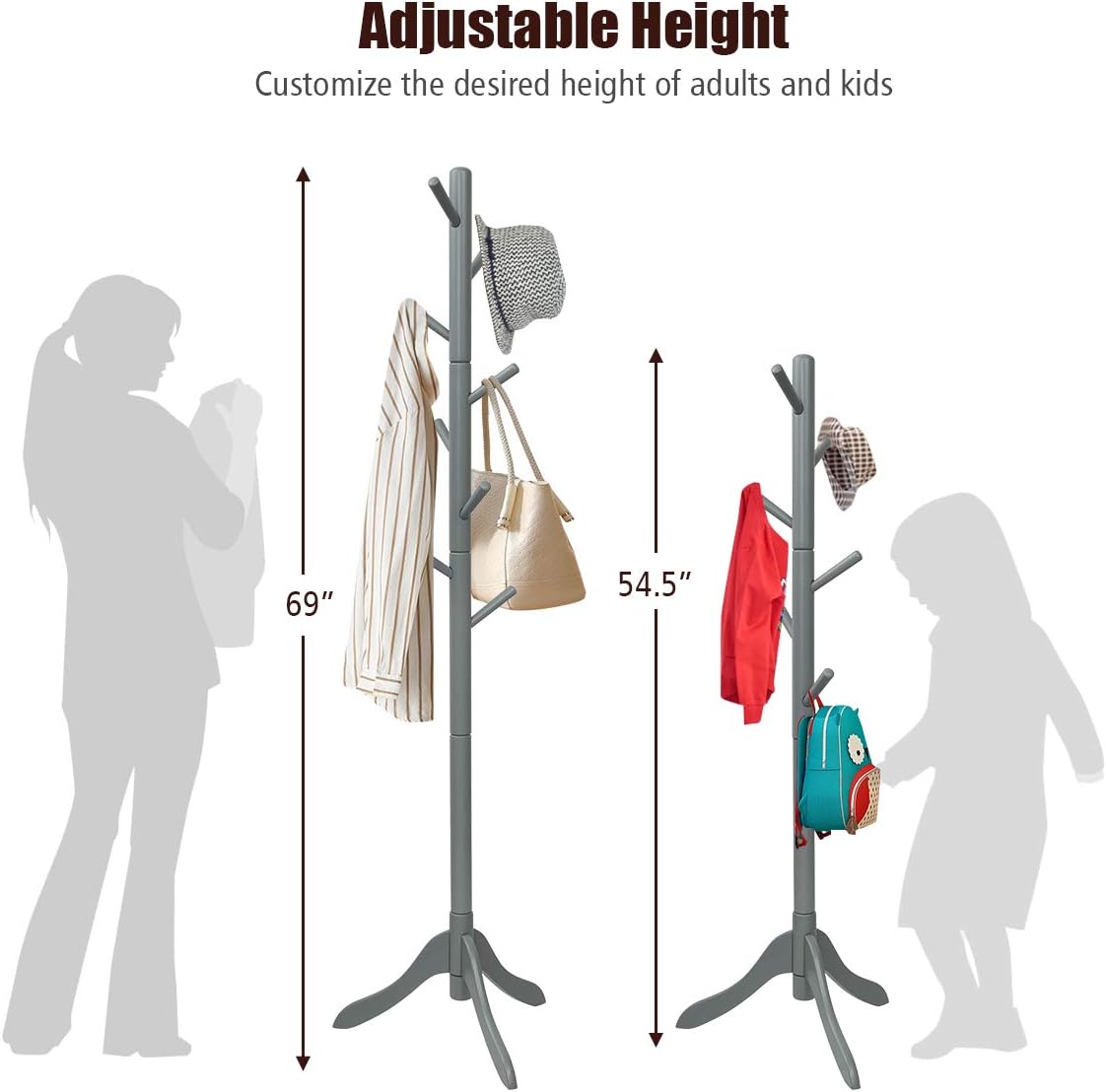 Tangkula Wooden Tree Coat Rack Freestanding, Entryway Coat Stand with 8 Hooks, Height Adjustable Coat Tree, Coat Hanger Stand for Home Office Hall Entryway