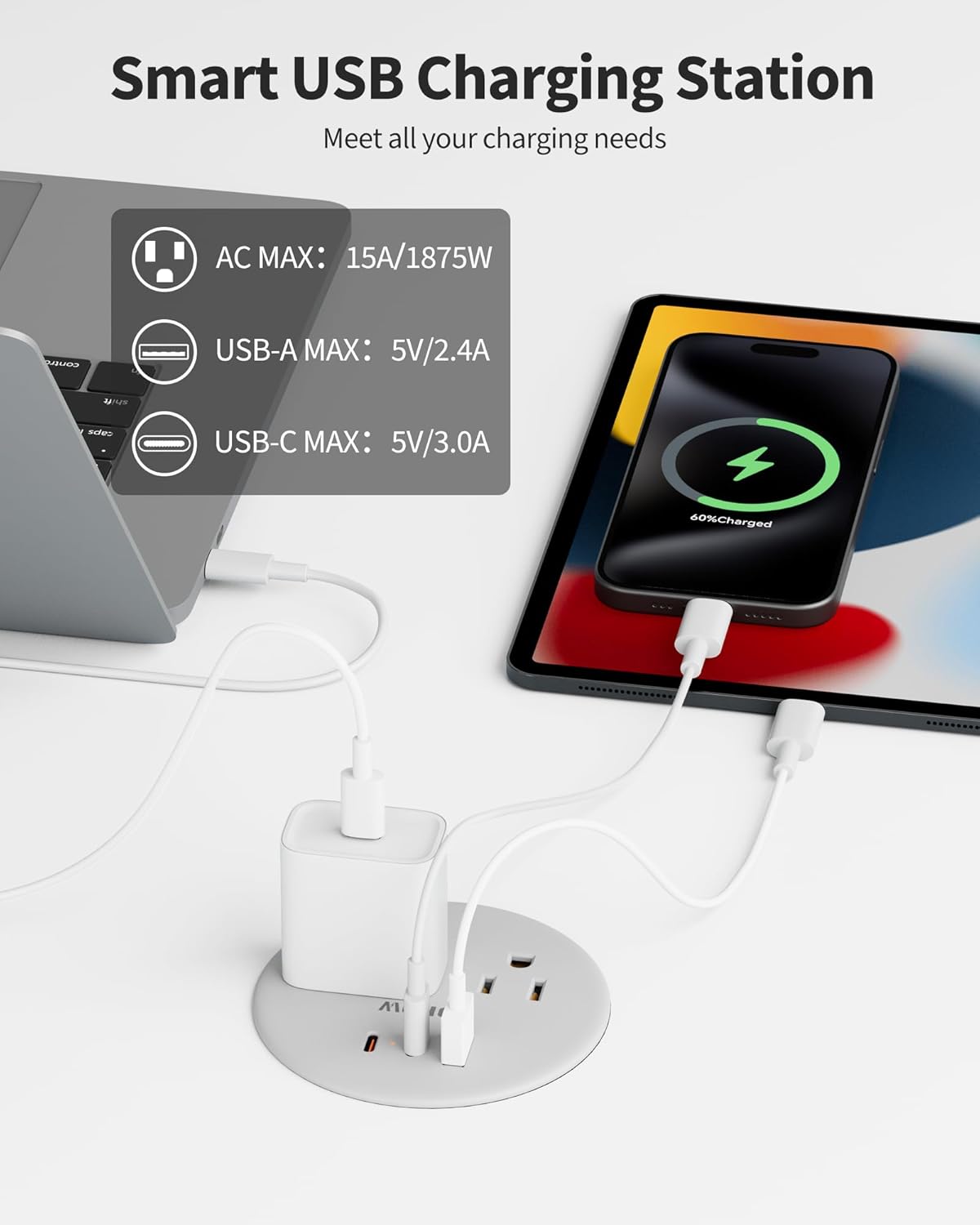 Recessed Desk Power Grommet with 4 AC Outlets 3 USB Ports (2USB C), Dual-Sided Flush Mount Outlet Charging Station for Desktop, Conference Room, Furniture Table, 6.5 FT Cord, Grey