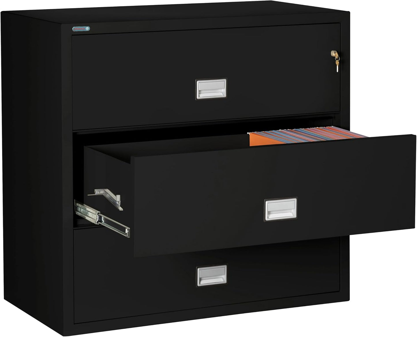 44 inch Wide 3-Drawer Lateral Fireproof File Cabinet – Legal and Letter Size Filing – Key Lock – Water Resistant – Fire Safe and Impact Rated – Black Finish – Model LAT3W44B