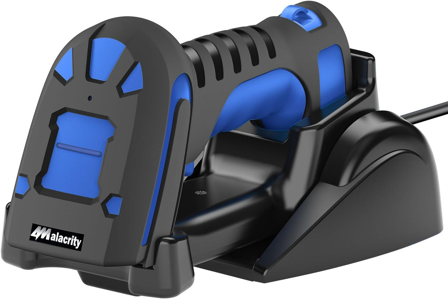 Alacrity Upgraded 2D Industrial Barcode Scanner with Wireless Charging Stand, 1968 Feet Transmission Distance 433Mhz Wireless & Bluetooth 2in1 Barcode Reader, Shock Dust Proof Hands Free, Blue