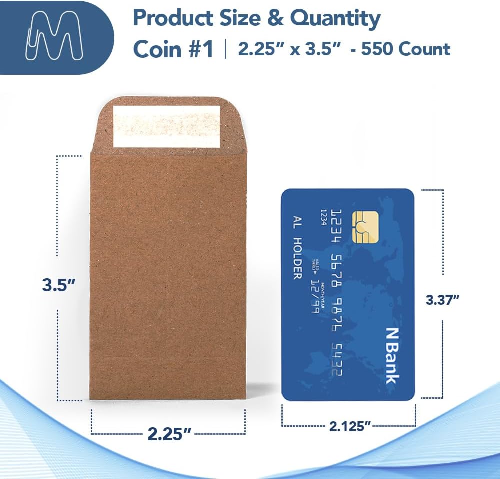 MOS #1 Brown Coin Envelopes 2.25 x 3.5 Inch 550 Pack — Self-Seal Small Kraft Envelopes for Coins, Seeds, Small Parts, Collectibles, Jewelry, Craft Storage
