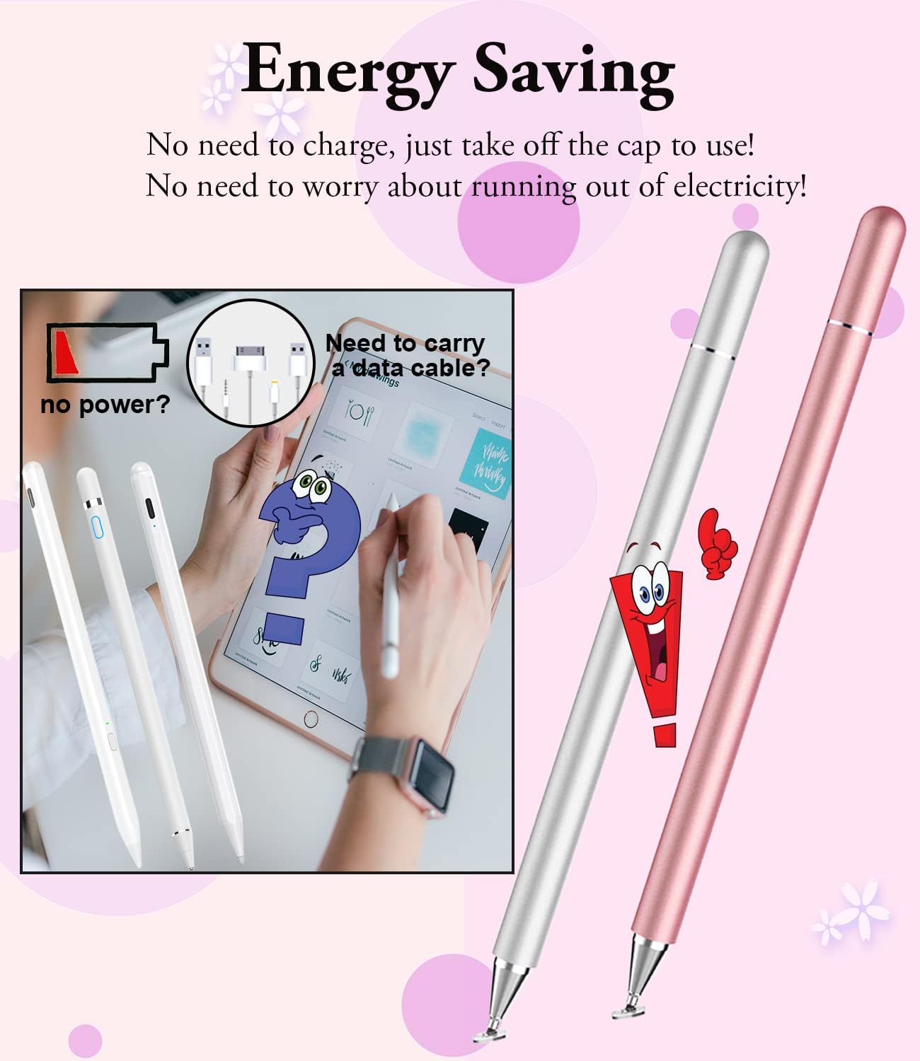 Stylus Pen for iPad, LUNTAK Stylus Pens for Apple/iPhone/Ipad pro/Mini/Air/Android/Microsoft/Surface All Capacitive Touch Screens Universal with 4 Replacement Tips (2 Pcs, Pink and Silver)