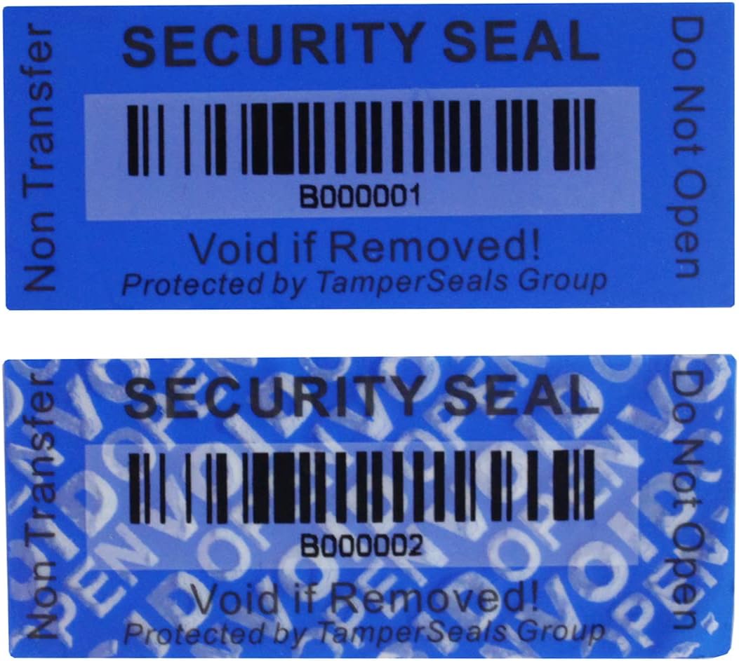 100pcs 25x60mm Blue Non-Transfer Tamper Evident Security Void Stickers/Labels/Seals with A Barcode for Reusable Package or Expensive Surface