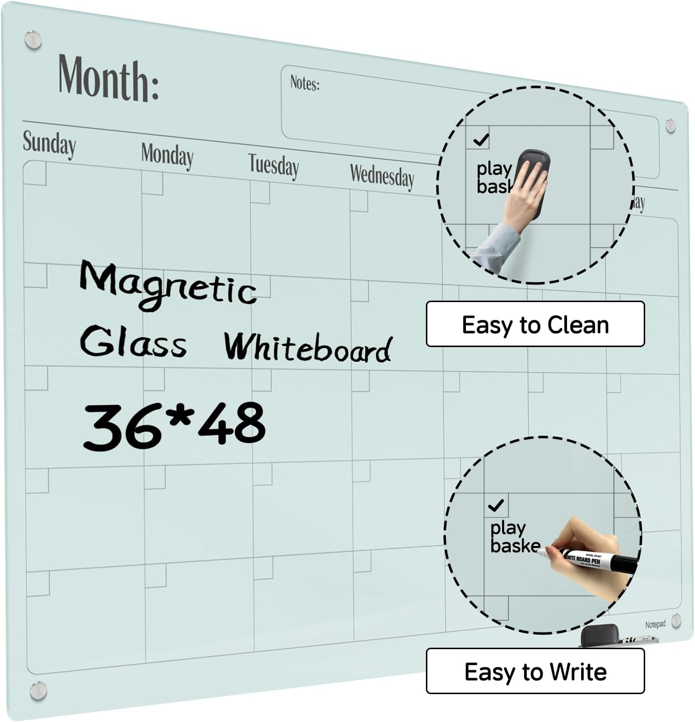 Magnetic Glass Dry Erase Board Calendar- White Board 48 x 36 Inch Wall Mounted Glass Monthly Whiteboard, Large Frameless Glass White Board for Wall Office, Home & School