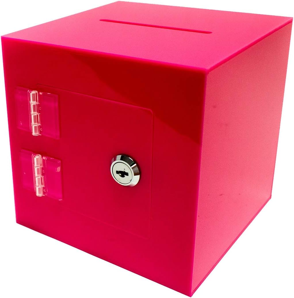 Source One Premium Acrylic Cube Donation Box with Deluxe Rear Open Door and Cam Lock Suggestion Box (10 Inch, Pink)