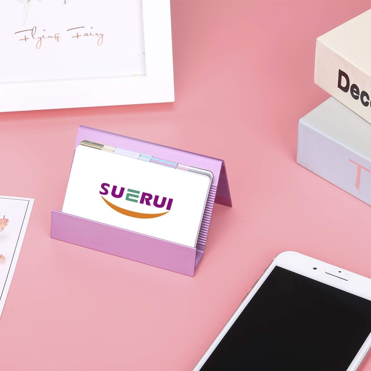 Business Card Holder Aluminum Business Card Display Stand Desktop Organizer, High-end New Series (Light Purple) 1 Pack