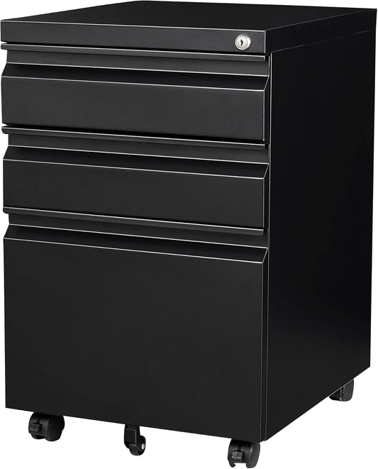 3 Drawer File Cabinet, Fully Assembled Mobile File Cabinets with Lock for Home Office, Metal Rolling Filing Caninet on Wheels, Three Drawer Under Desk Cabnet for Letter/Legal / A4 - Black
