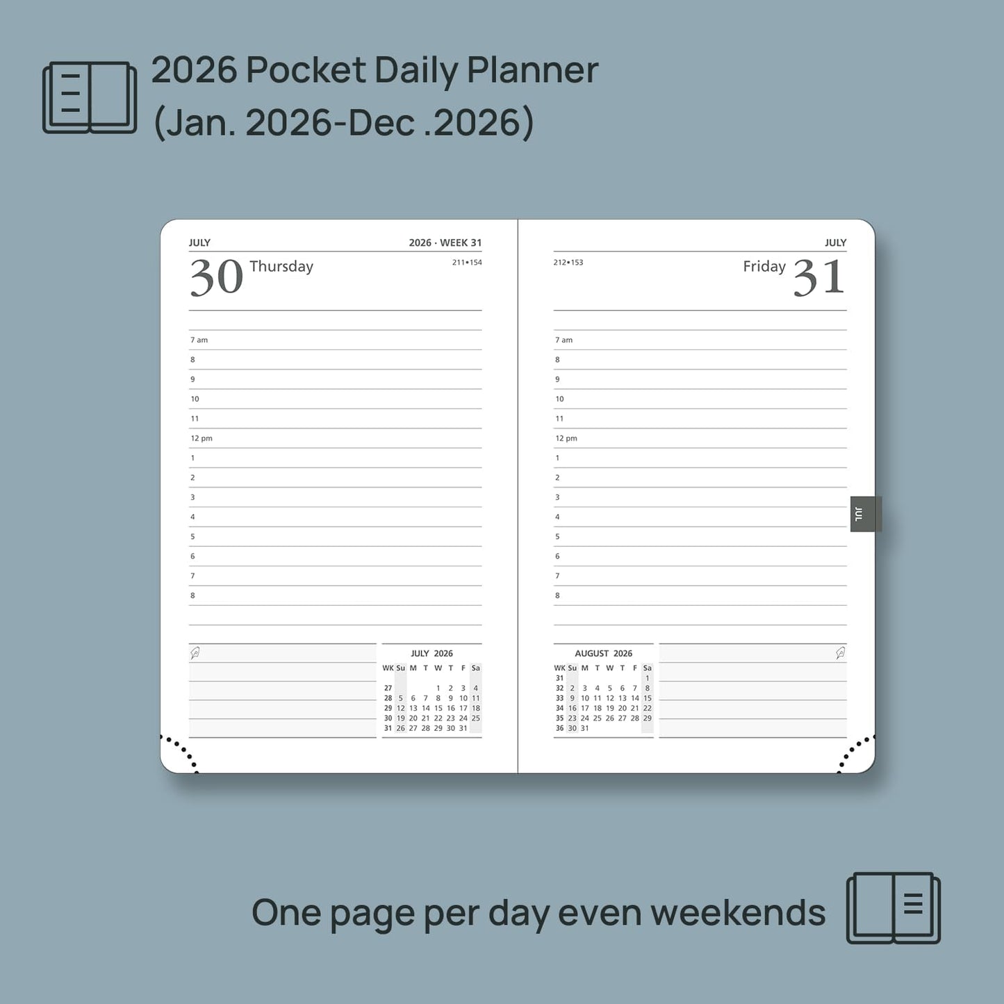 POPRUN 2026 Daily Planner One Page Per Day A6 Size Calendar (4.25" x 6.25") - 12 Months Hourly Appointment Book with Hardcover, Monthly Tabs, Pocket, Pen Holder - Haze Blue