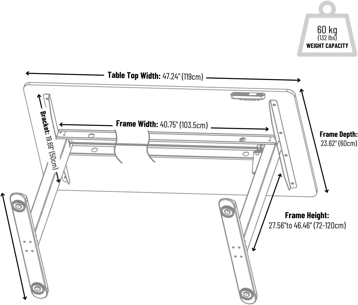 Sit to Stand Electric Standing Desk Complete Set with Frame and Tabletop 120 x 60 cm or 47.2 x 23.6 Inches (Black)