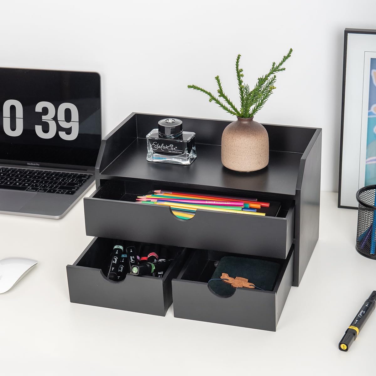 ROSE BLOOM Black Wood Desk Organizer with 3 Drawer, Mini Cute Cabinet with Storage Shelf for Tabletop, Small Desktop Box Organizer for Cosmetic Office Supplies