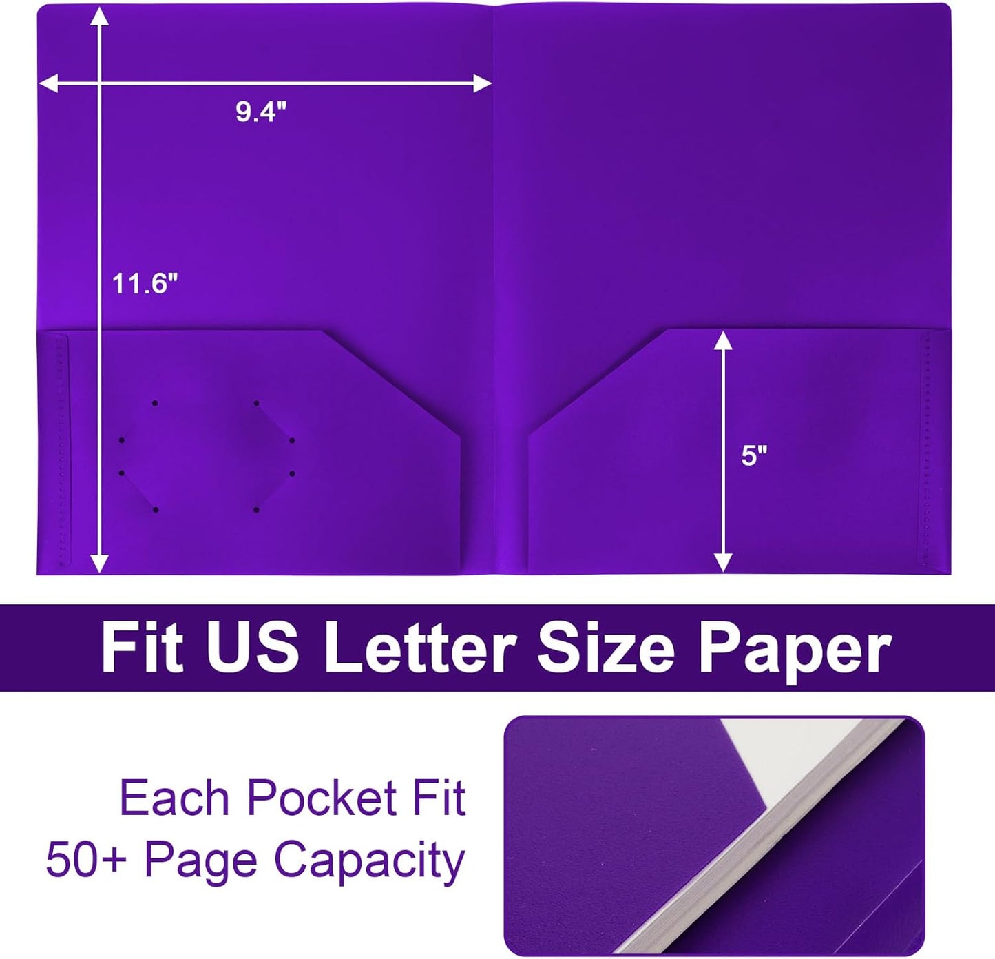 6-Pack Plastic Folders with Pockets,2-Pocket Poly Folders Holds 8-1/2" x 11" Paper for School/Office/Home, Purple
