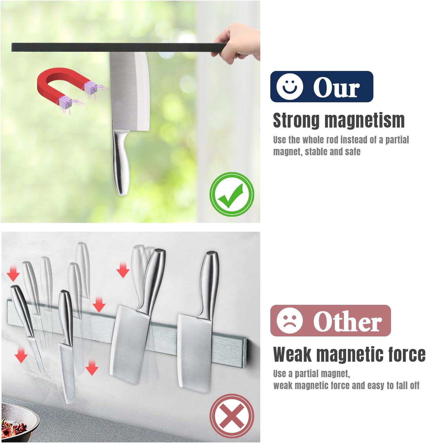 Dmore magnetic knife holder for wall—with 4 hooks, No Drilling 23 Inch black knife magnetic strip, Powerful knife magnet rack, include Adhesive Tape and screws for Knives, Utensils, and Tools