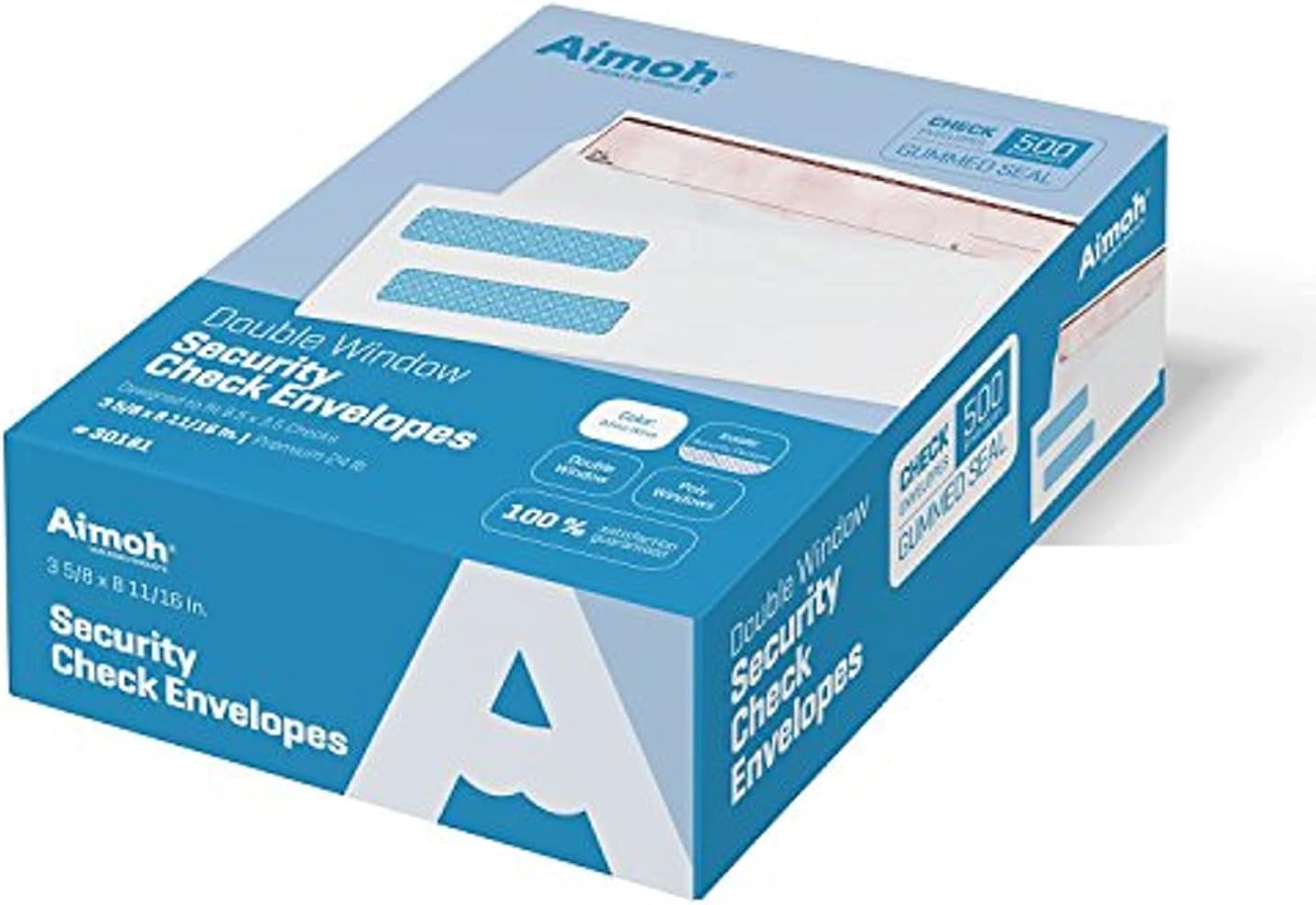 Aimoh 500#8 Double Window Gummed Security Envelopes - for Business Checks, QuickBooks & Quicken Checks, Size 3 5/8 x 8 11/16 Inches - Checks Fit Perfectly - Not for Invoices, 500 Count (30181)