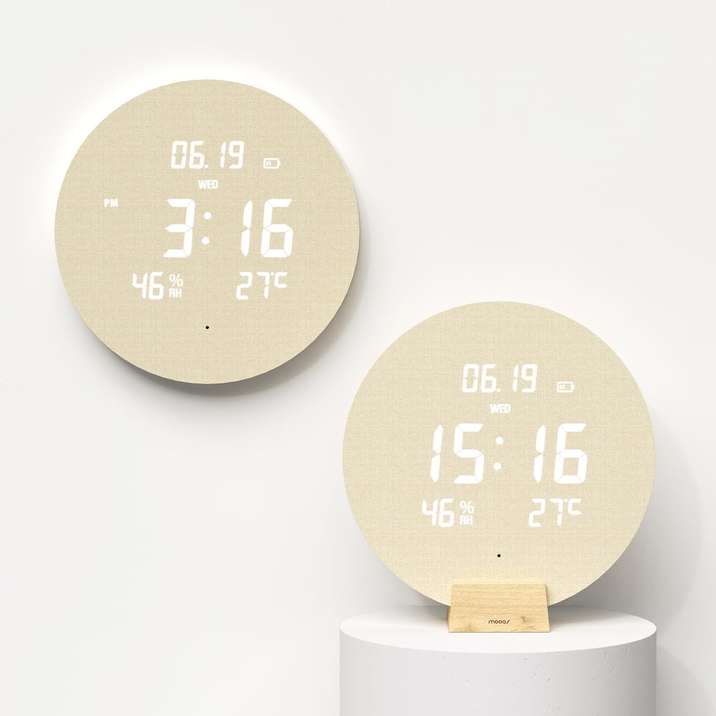 mooas Wood Moon Cordless Digital LED Wall Clock, Time Week Temperature & Humidity, Sound Sensor-Auto Brightness, Modern Décorative LED Clock for Bedroom Livingroom, Wireless Wall Mount/Wooden Stand