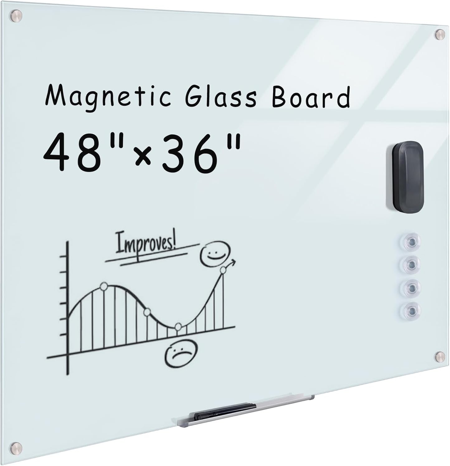 Magnetic Glass Whiteboard，48"x36" Wall Mounted Frameless Dry Erase Board for Office, Home & School White