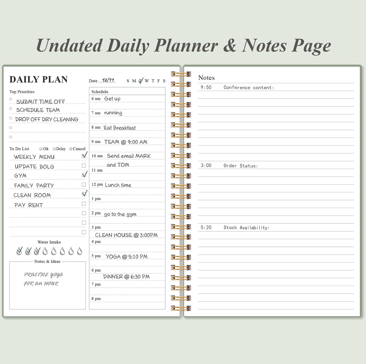 Daily Planner Undated - A5 To Do List Notebook Hourly Schedules, Spiral Appointment Planner for Women and Men, PVC Hardcover, Inner Pocket, Elastic Closure, 5.8" x 8.3", Green