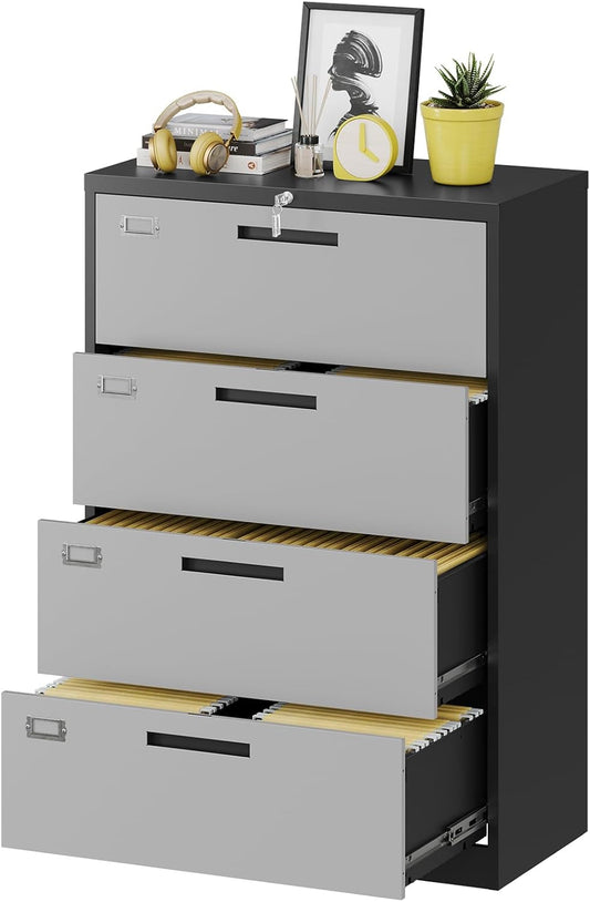 Metal Steel 4 Drawer Lateral File Cabinet with Lock, Filling Cabinets for Home Office, Lockable Storage Cabinet for Hanging Files Letter/Legal/F4/A4 Size-Assembly Required