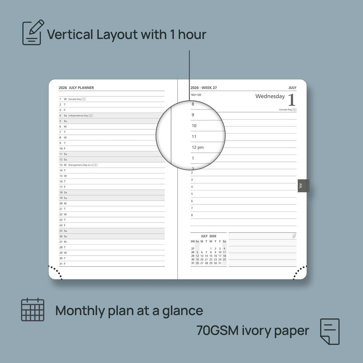POPRUN 2026 Daily Planner One Page Per Day A6 Size Calendar (4.25" x 6.25") - 12 Months Hourly Appointment Book with Hardcover, Monthly Tabs, Inner Pocket, Pen Holder - Violet