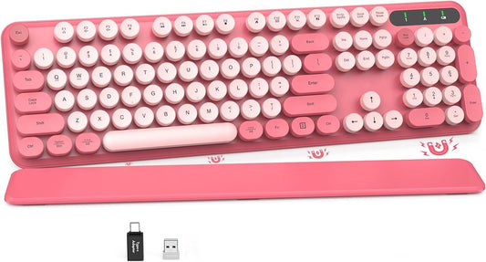 Wireless Keyboard, Round Keycaps, Retro Typewriter Keyboard with Detachable Wrist Rest, Sleep Mode, Foldable Legs, 2.4GHz Full-size Cordless Computer Keyboard for Windows/PC/Laptop (Colorful-Pink)
