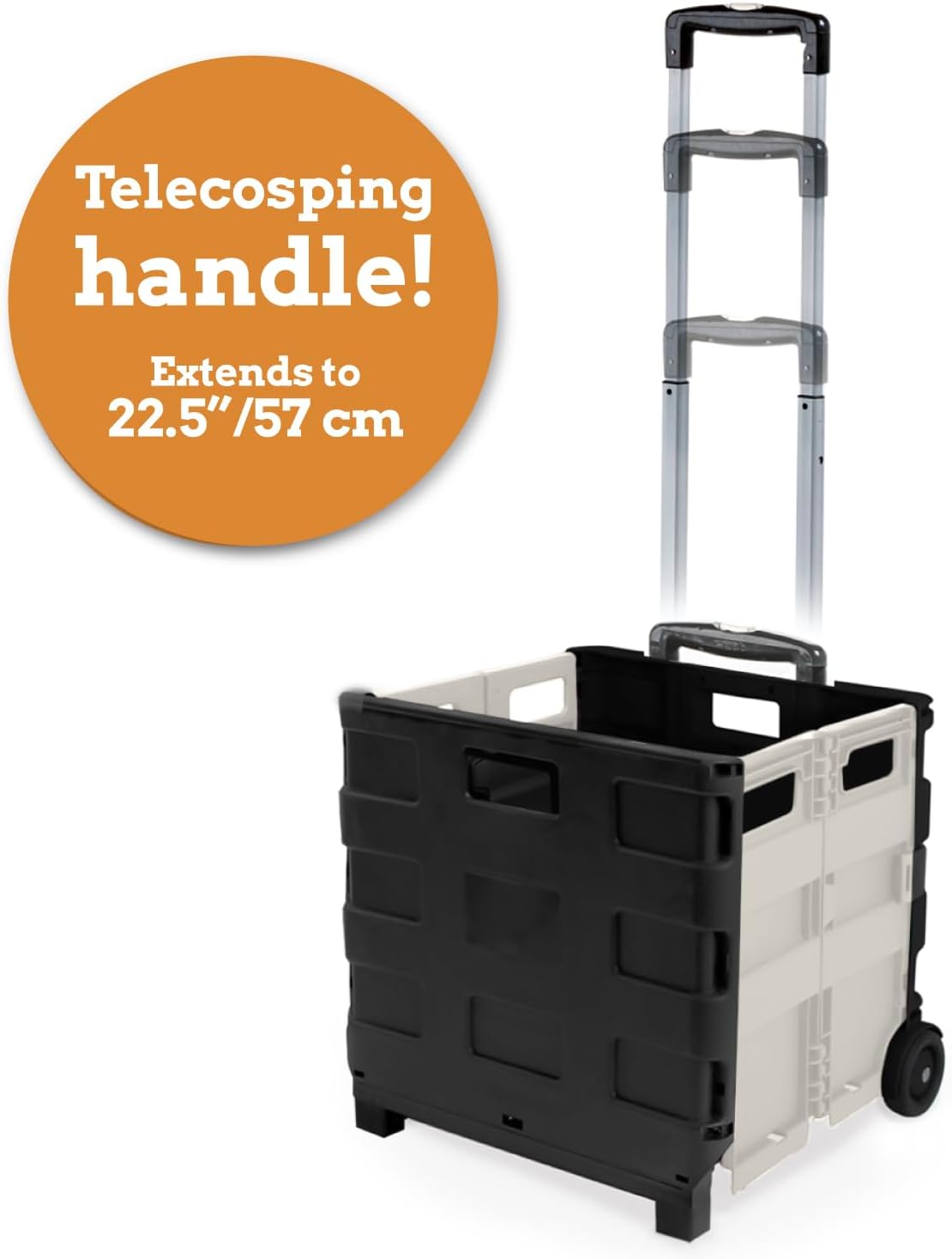 Inspired Living Ultra-Slim Rolling Collapsible Storage Pack-N-Roll Utility-carts, with Telescopic Handle, for Home, Garden, Shopping, Office, School use, Medium, White & Black