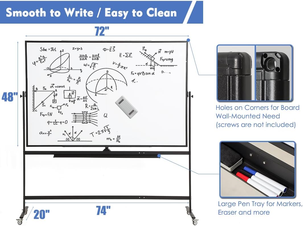 Large Magnetic Mobile Whiteboard 72"x48", Rolling Double Sided Stand Whiteboard on Wheels, Reversible Adjustable Height/Angle Dry Erase Board 6' x 4' Easel White Board for Office Classroom, Black