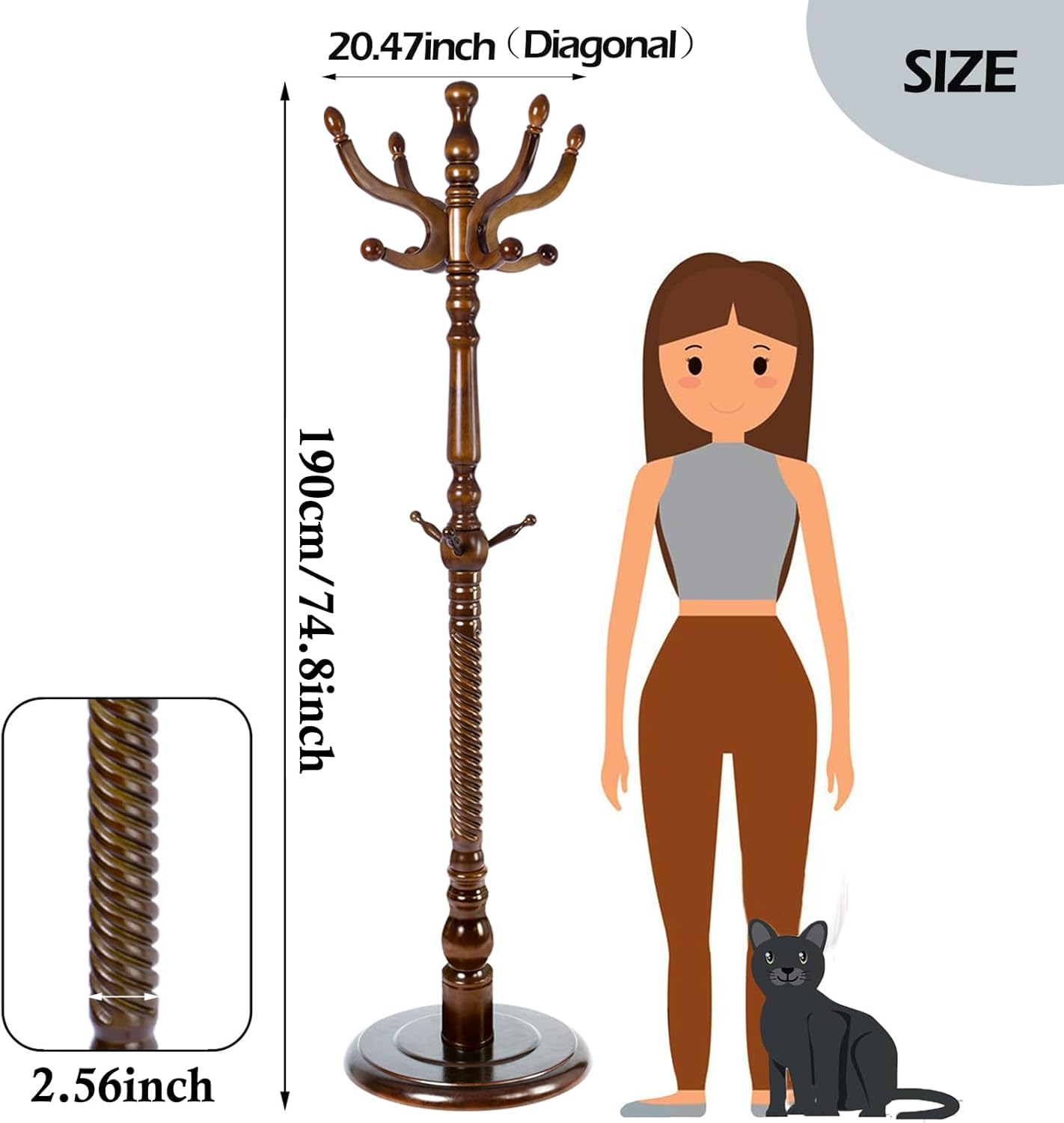 Coat Racks Free Standing with 11 Hooks, Natural Wood Coat Stands for Entryway, Adjustable Height 74 in Tree Coat Rack Stand for Hallway Home Office Bedroom (Brown Round Base)