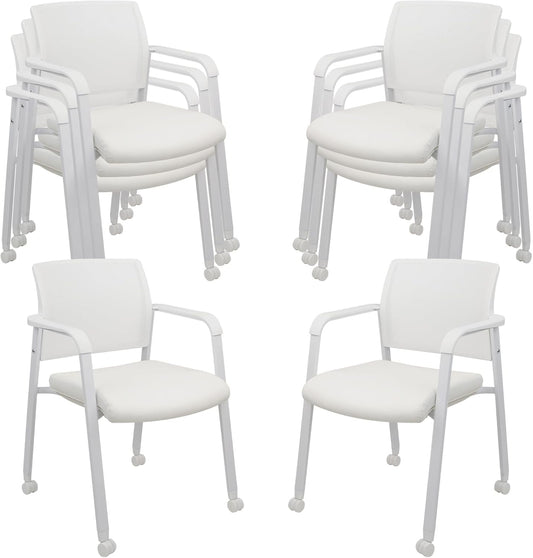 CLATINA Stacking Office Chairs with Wheels | Mesh Back, Thicken Leather Seat and Streamline Armrests, Ergonomic Lumber Support | School, Desk, Guest Reception, Waiting, Conference | Set of 8, White