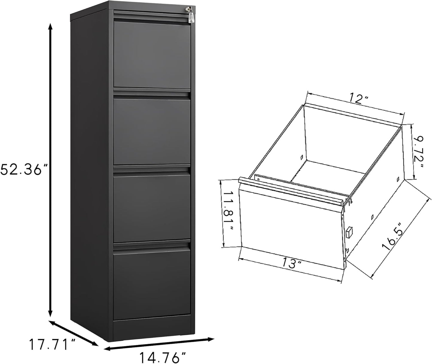 4 Drawer File Cabinet with Lock, Vertical File Cabinets for Home Office, Metal Filing Cabinets, Heavy Duty Steel Lockable Filing Storage Cabinet for Letter/Legal/A4/F4 Size Files, Black