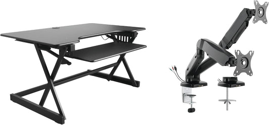 Rocelco 40" Height Adjustable Standing Desk Converter with AC Outlet USB Charger and Dual Monitor Arm Mount - Sit Stand Up Tabletop Riser - Sliding Keyboard Tray - Black (R DADRB-40-ACUSB-MA2)