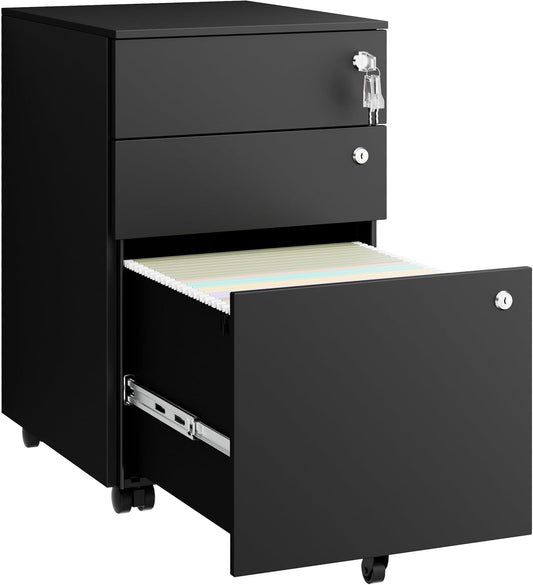 Mobile File Cabinet with 3 Locks, 3 Drawer File Cabinets for Home Office, Under Desk Metal Filing Cabinet for A4/Letter/Legal, Lockable, Fully Assembled Except Castors, Black