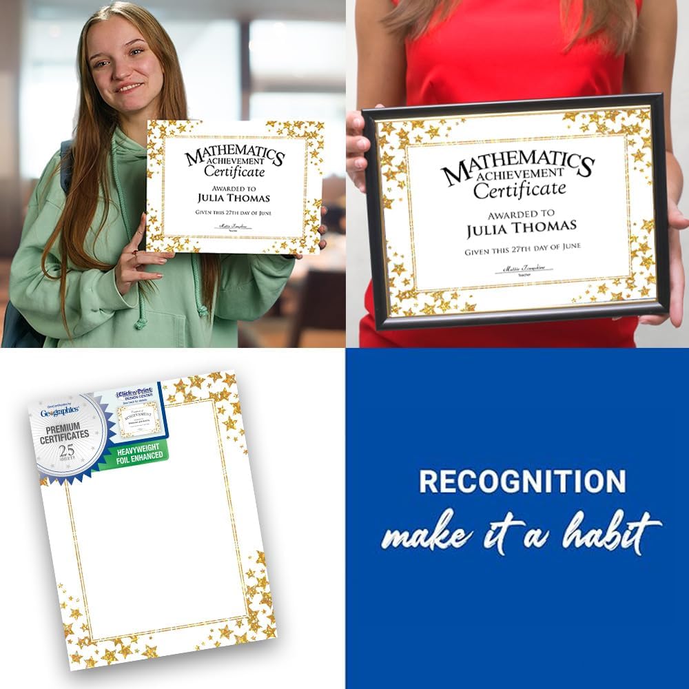 Gold Star Award Certificates, Holographic Gold Foil Design, 8.5”x11”, Professional Certificate Paper, Pack of 25 by Geographics®