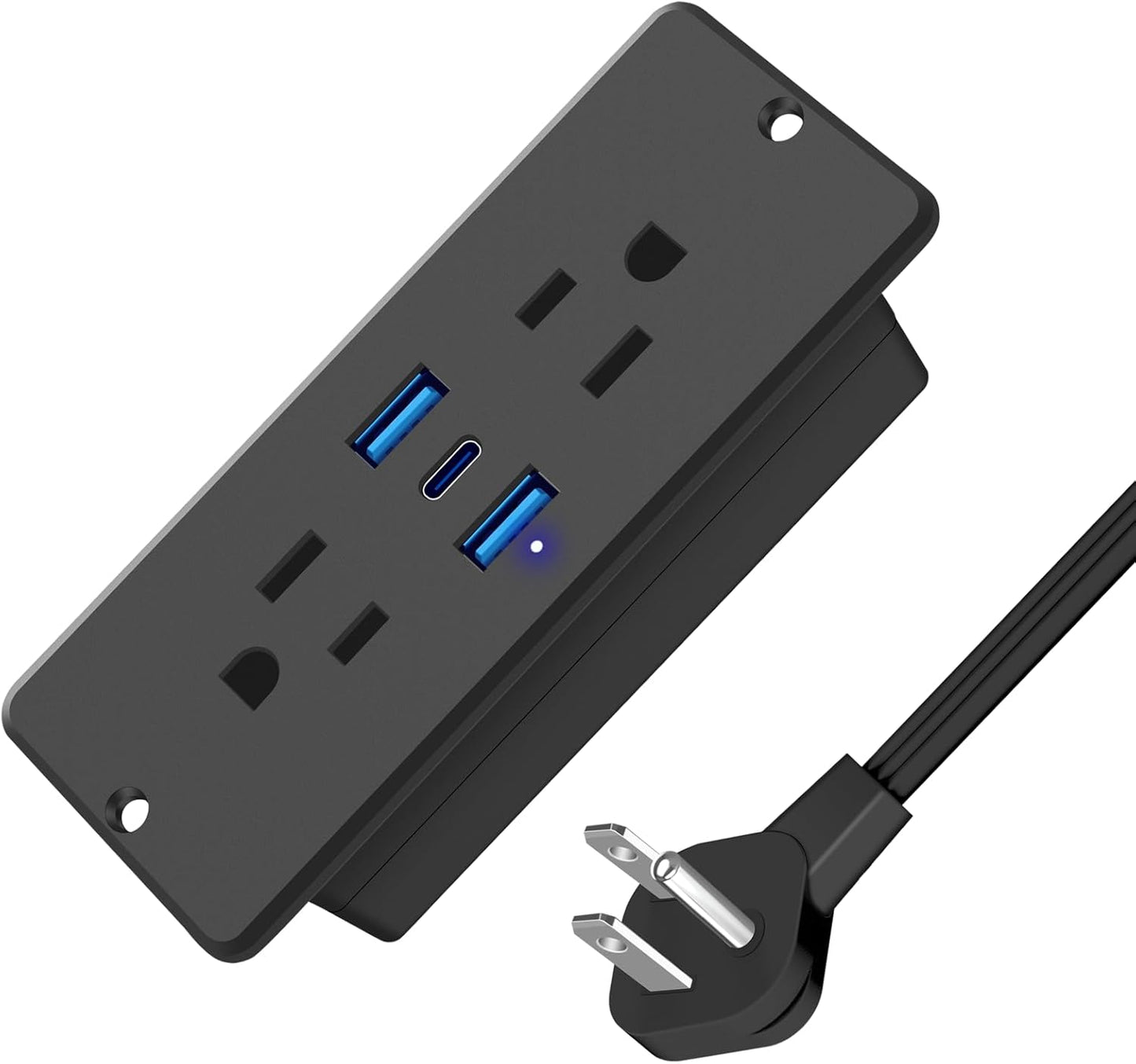 HHSOET 5 in 1 Recessed Power Strip Flat Plug, 65W Fast Charging Furniture Outlet with USB, Conference Recessed Socket with 2 AC Plugs, 2 USB Ports 1 USB-C, 6ft Power Cord. (Black)
