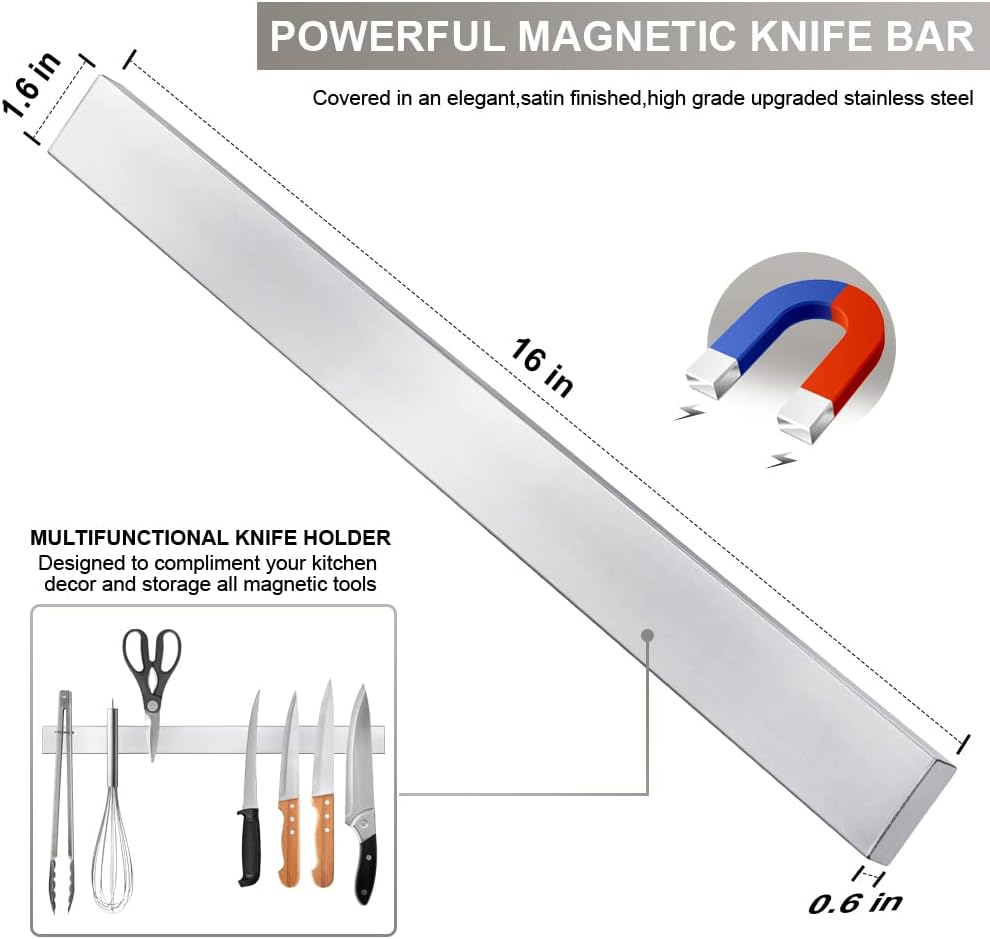 Ninonly 16 Inch Magnetic Knife Strip, Premium Stainless Steel Wall Mounted Kitchen Knives Bar,Space-Saving Powerful No Drilling Magnetic Knife Rack for Home Kitchen Utensil Holder & Tool Holder
